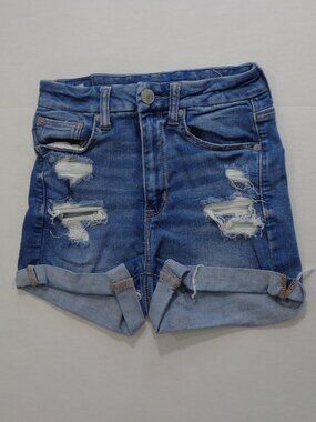 American Eagle Curvy Hi-Rise Distressed Denim Shorts Cuffed Hem Stretch Size 2
